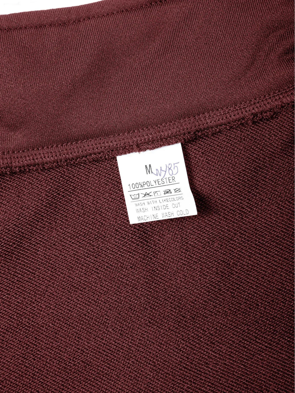 Men's mock-neck sweatshirt fabric label, maroon red texture