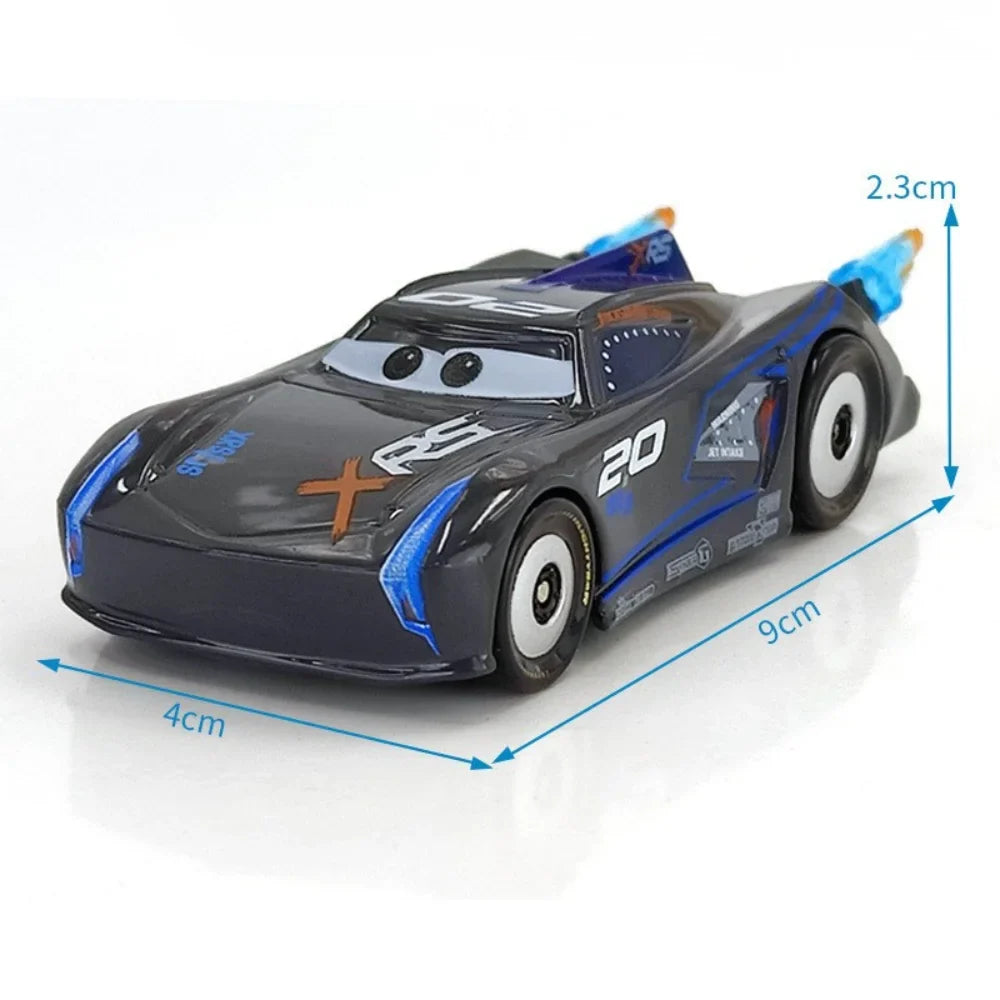 Diecast racing car model toy with gray body, blue accents, and smiling cartoon eyes