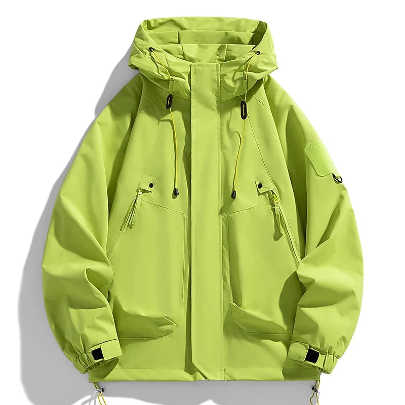 Men's fluorescent green hooded waterproof windbreaker jacket with zip front and pockets