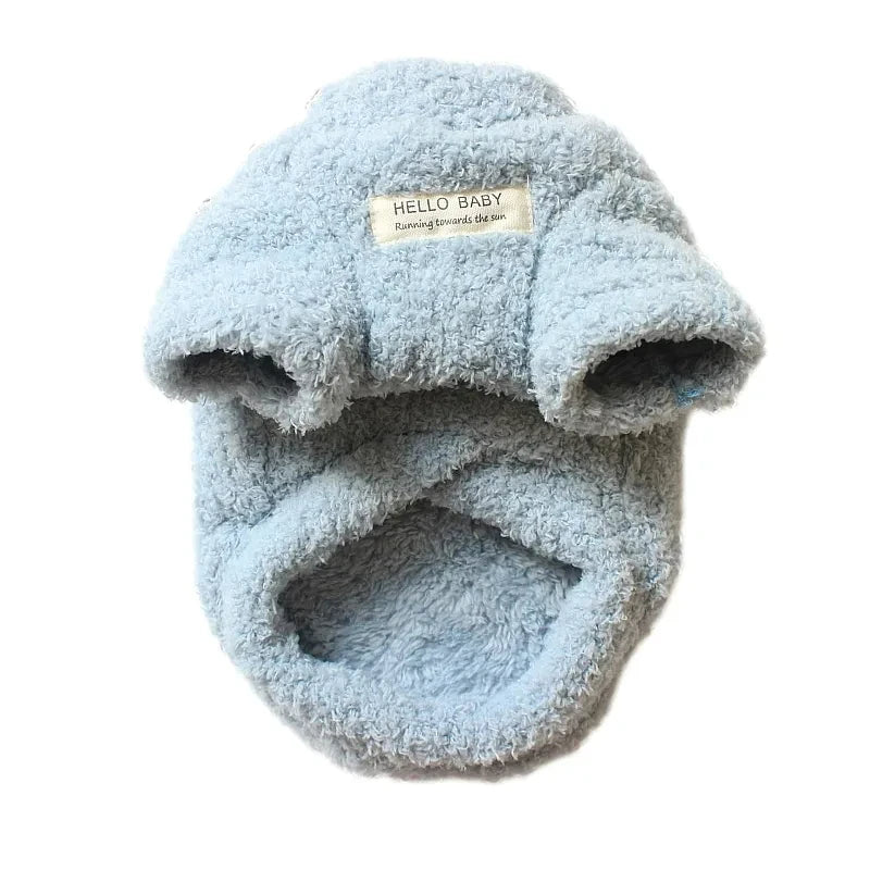 Plush dog sweater with hood and paw cutouts, light blue with “HELLO BABY” label
