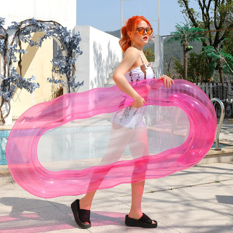 Inflatable pool lounger float, pink oval raft with raised headrest