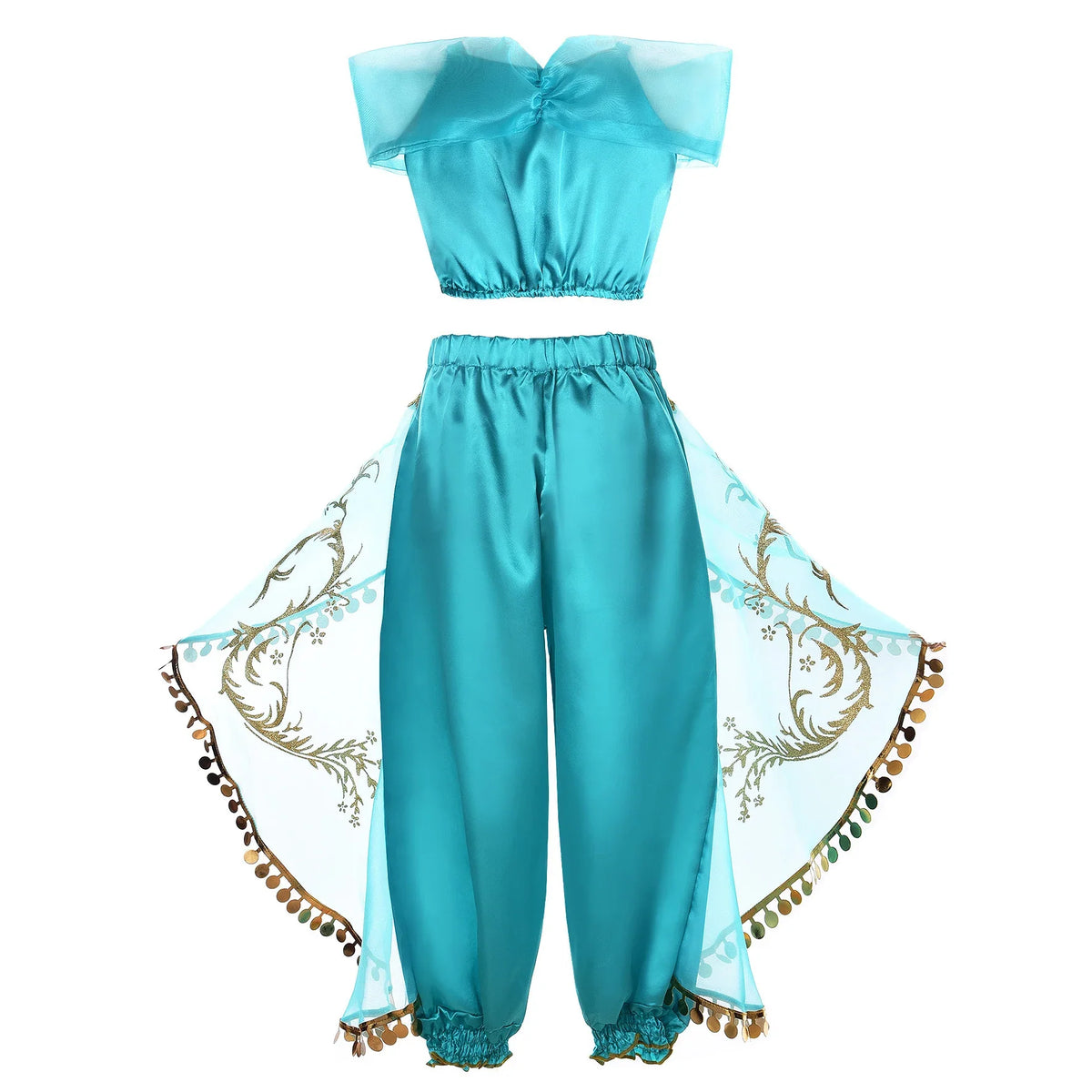 Back view of turquoise princess cosplay pants outfit with gold trim and white draped panels