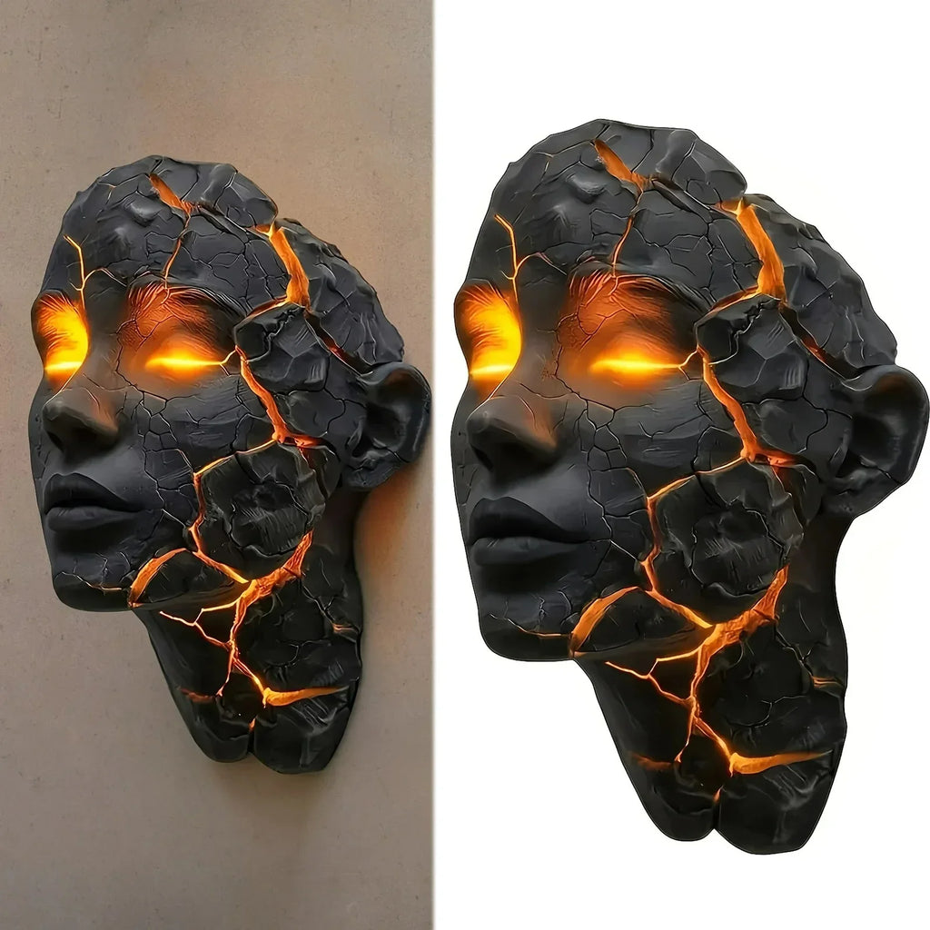 Pair view of black resin face wall lamp with glowing orange crack illumination