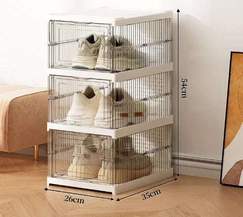Clear stackable shoe storage cabinet with white top and wire mesh sides