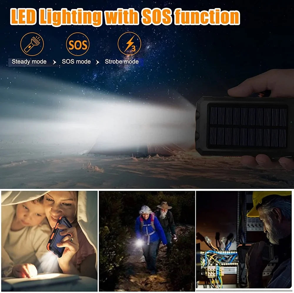 Portable solar power bank with SOS LED light modes and illuminated flashlight lens