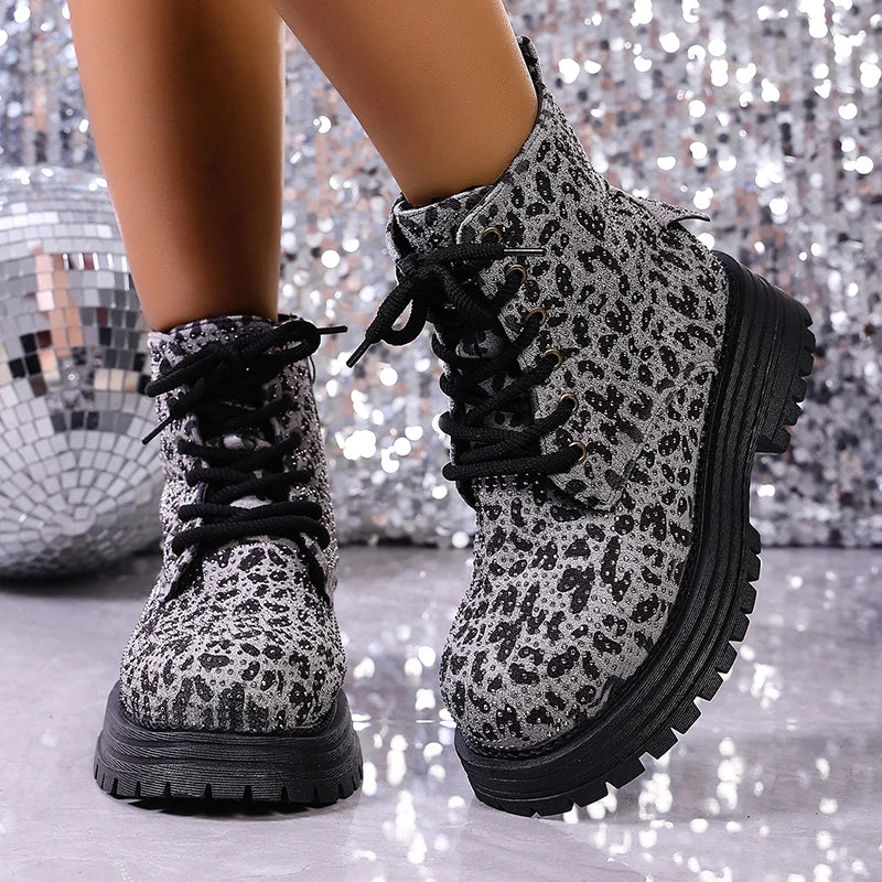 Black-and-white leopard-print lace-up ankle boots with thick sole