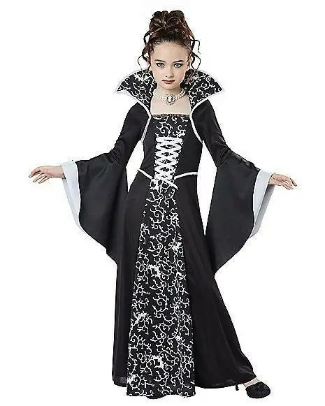 Kids vampire gothic dress with black and white filigree bodice and flowing cape