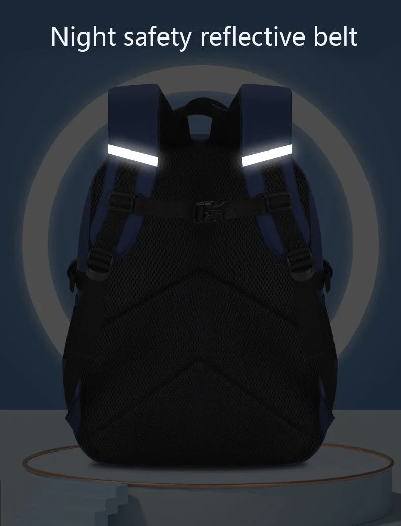 Kids backpack in black with reflective shoulder straps and front buckle closure