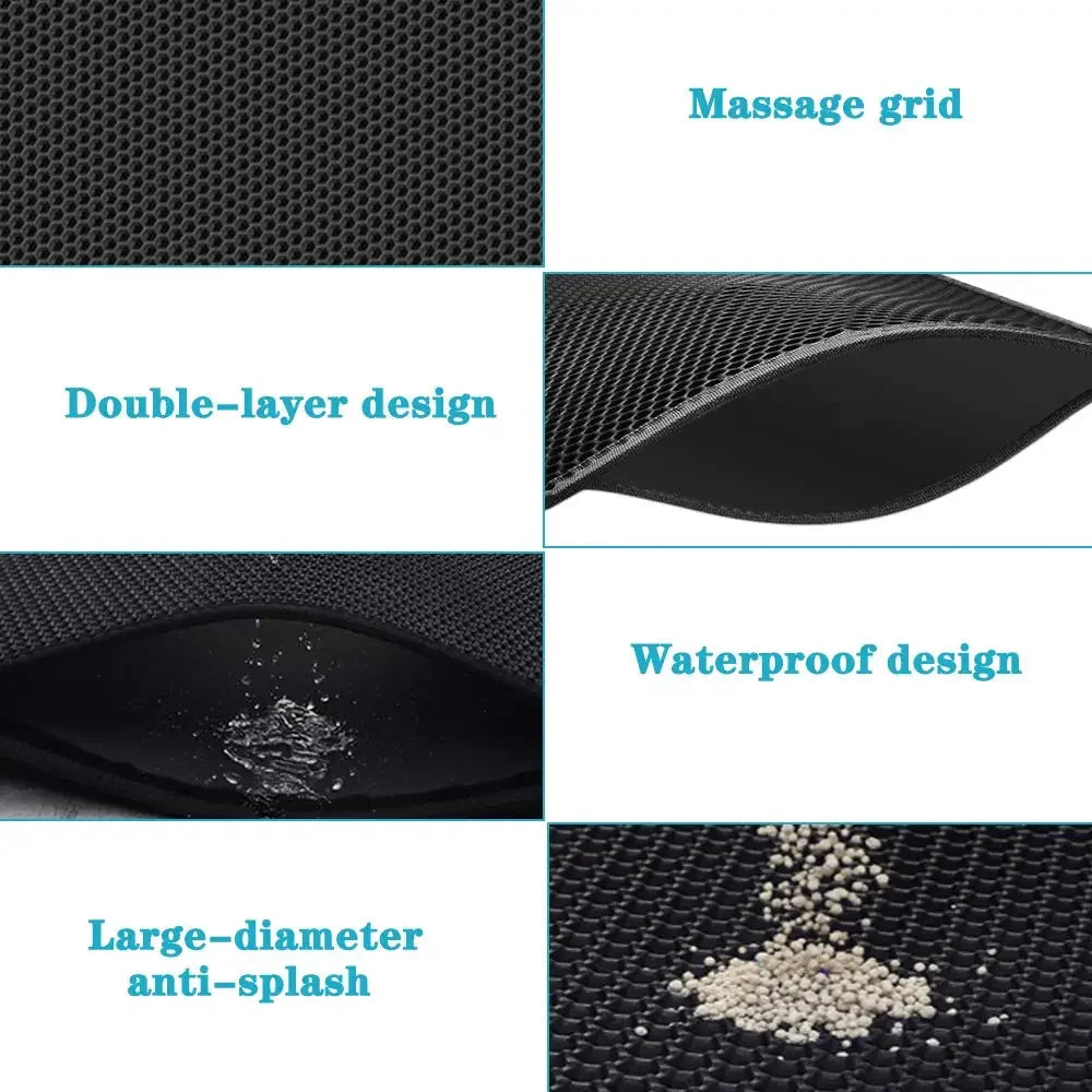 Black double-layer cat litter mat with textured grid surface and waterproof-looking underside