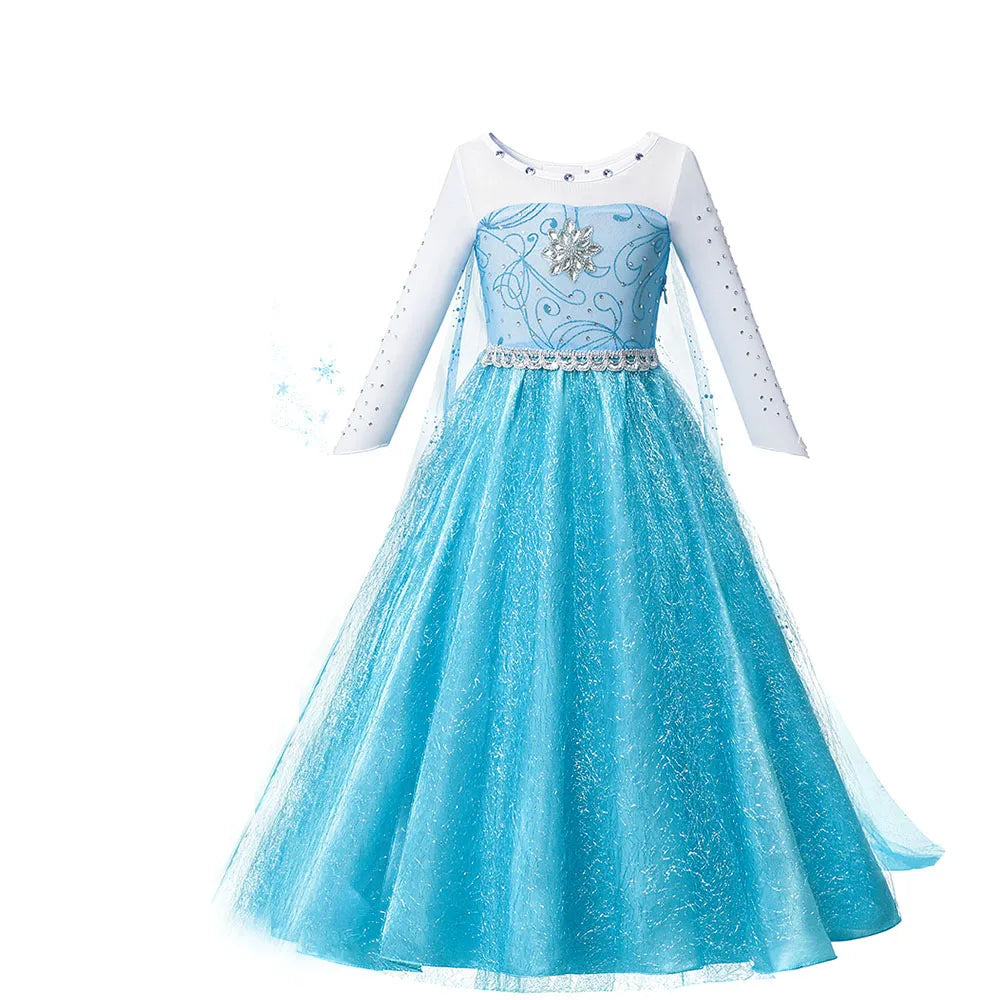 Blue glitter kids princess dress with silver crown detail and long sheer sleeves, flared tulle skirt.