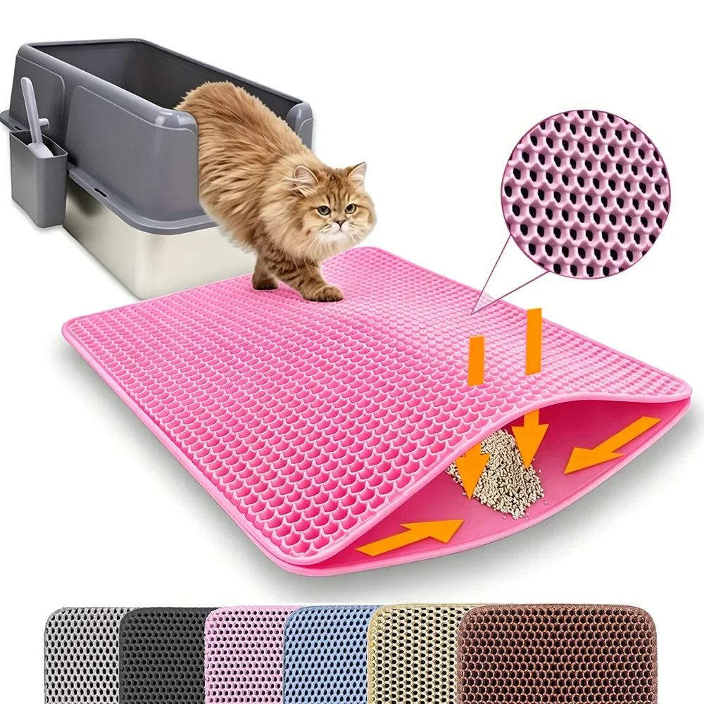 Pink double-layer honeycomb cat litter mat with waterproof backing and drainage holes