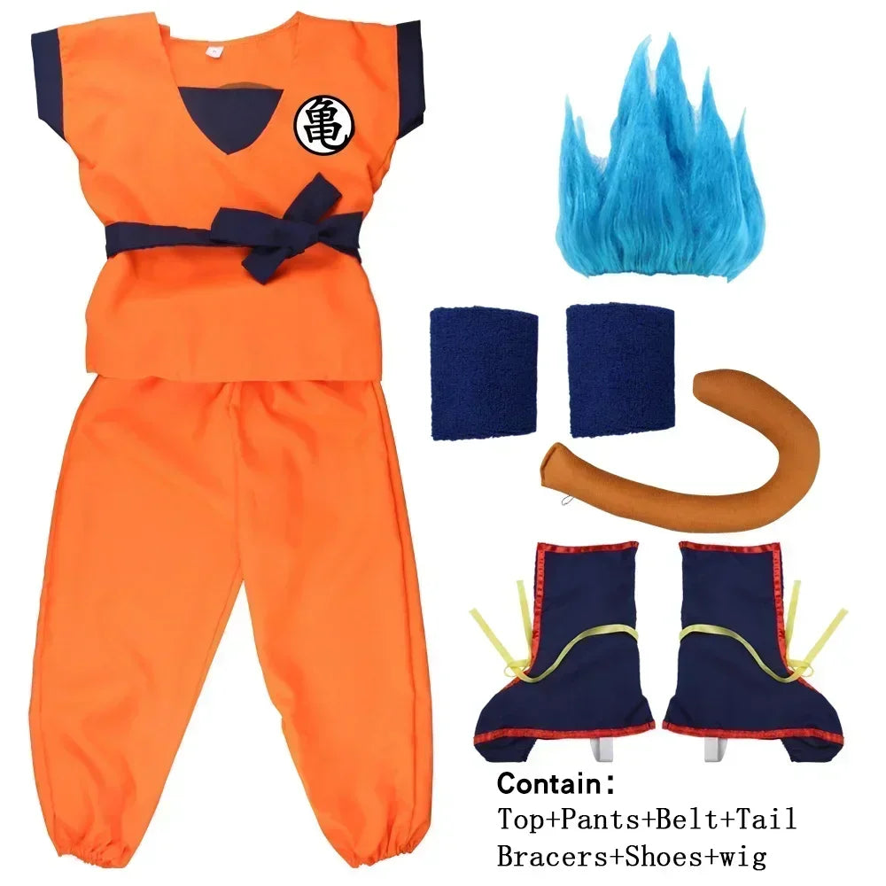 Orange costume outfit with navy bracers and shoe covers, tail accessory, and blue wig