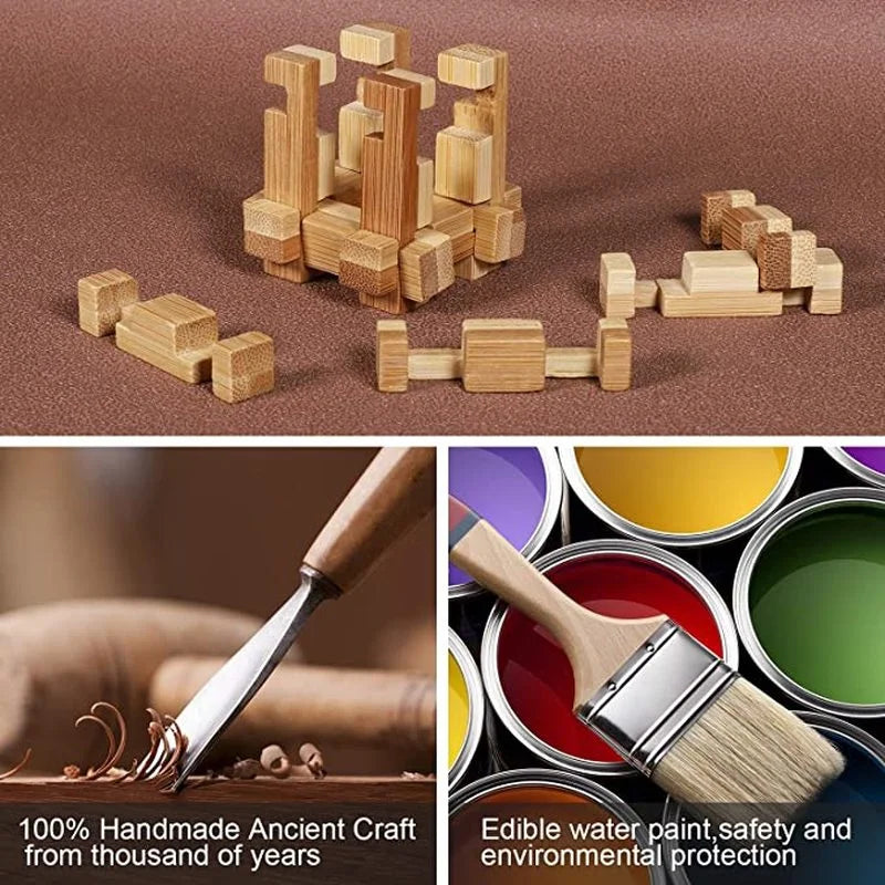 Wooden Kong Ming lock puzzle pieces arranged in a compact block form