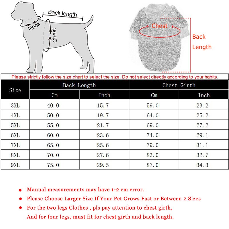 Size chart graphic for winter pet sweater showing back length and chest girth measurements