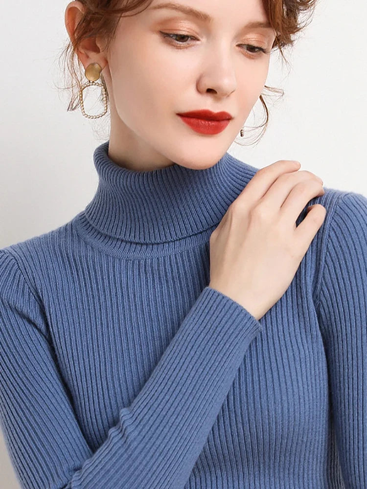 Women’s ribbed turtleneck sweater in dusty blue, long sleeves, high neck