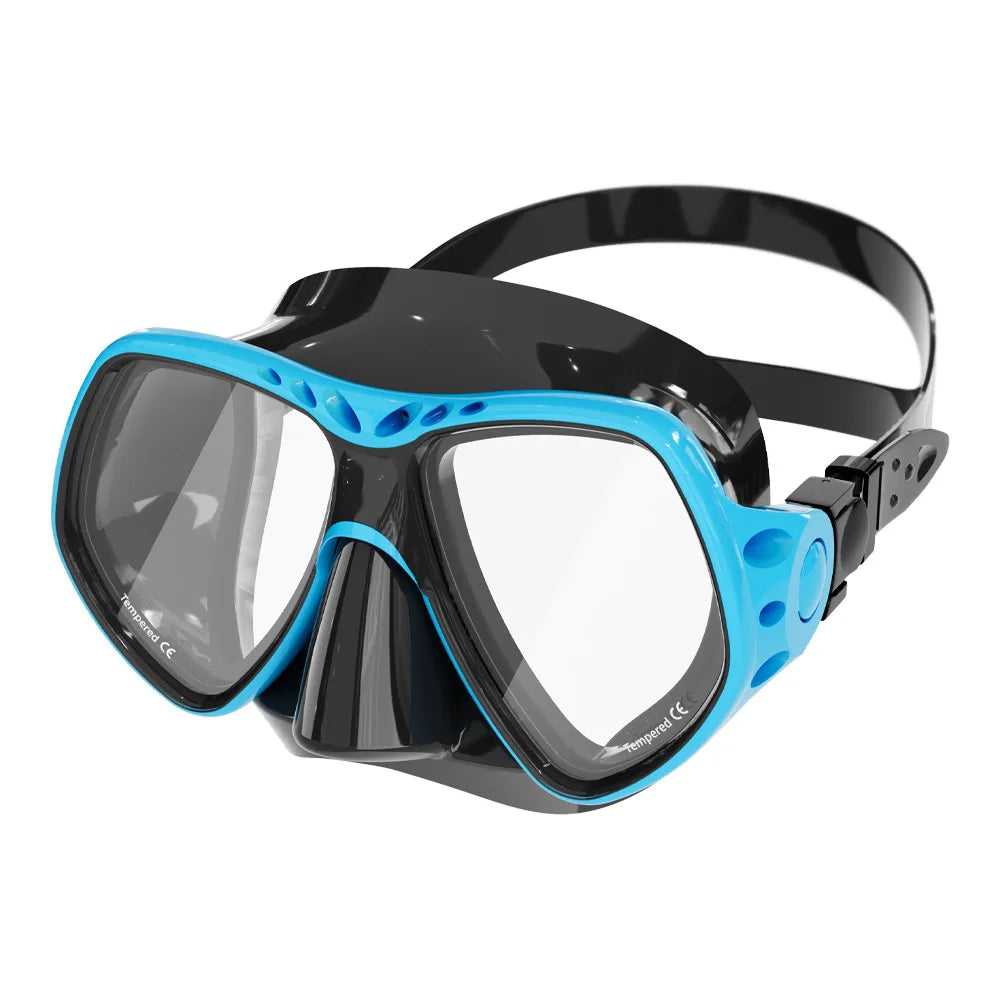 Blue silicone scuba diving mask goggles with tempered glass lenses and anti-fog design