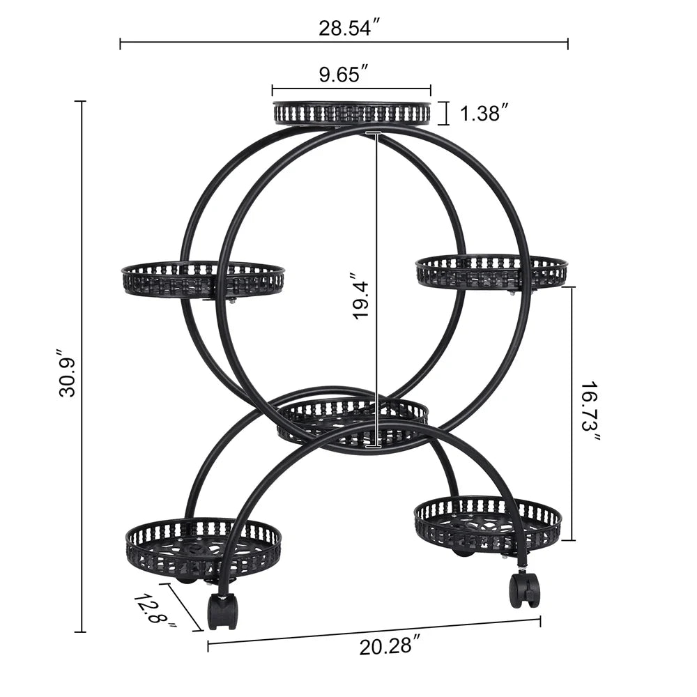Black rolling plant stand frame with four tier trays and caster wheels; size diagram