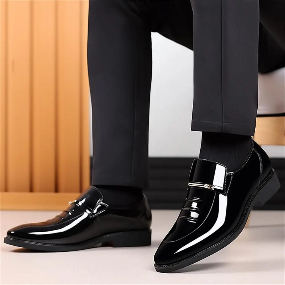 Men's black glossy loafers with square buckle on thick sole