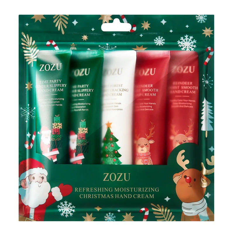 Festive hand cream gift box showing five tubes in green, white, and red