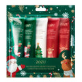 Festive hand cream gift box showing five tubes in green, white, and red