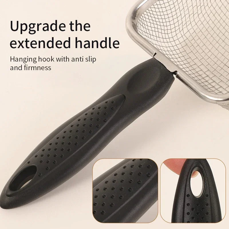 Stainless steel sifting scoop with extended black handle and grip dots