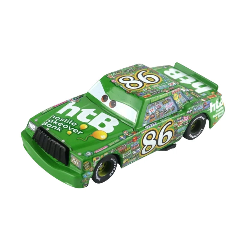 Green and white diecast race car model with number 86 and sponsor graphics