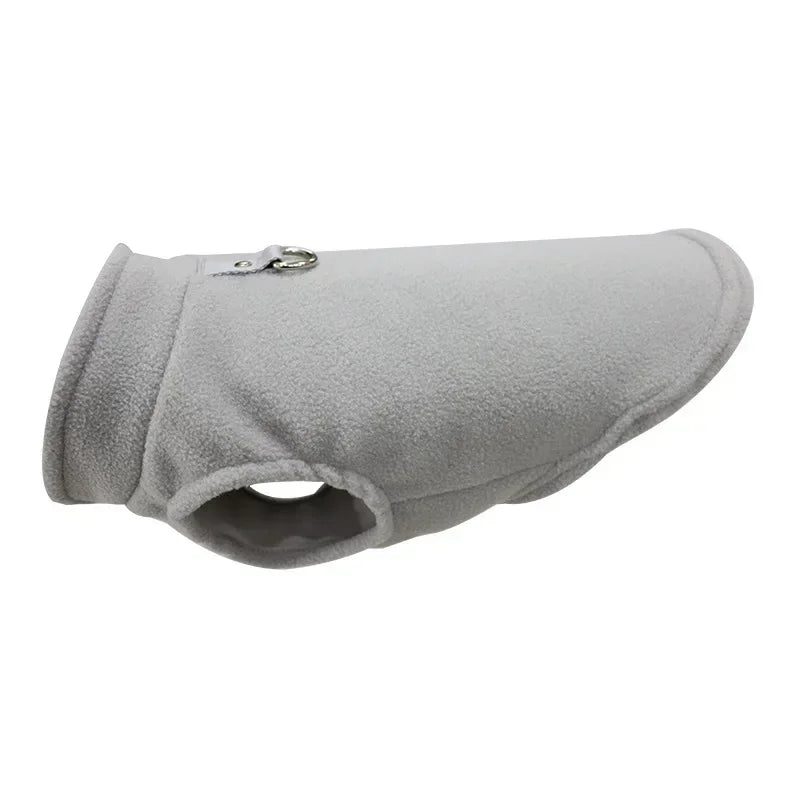Grey fleece dog winter jacket with D-ring and front neck opening