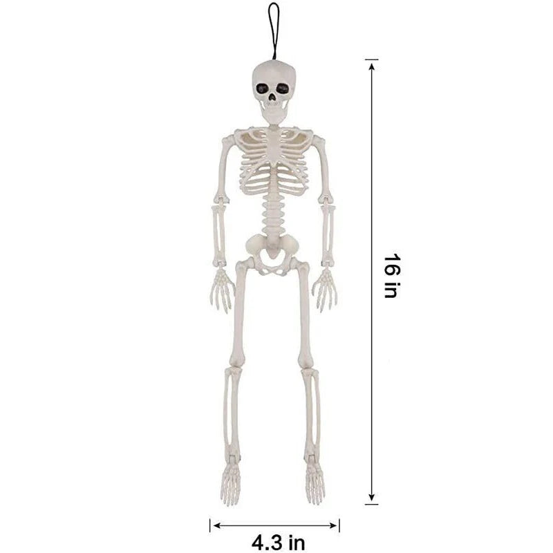 Halloween skeleton prank toy figure with skull head and dangling skeleton limbs
