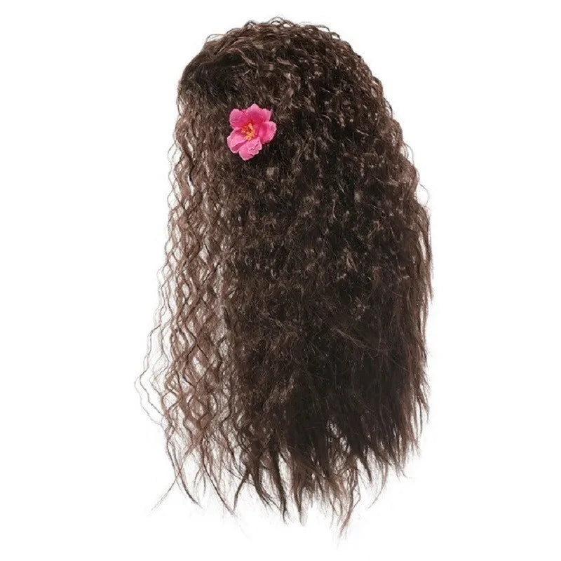 Curly dark-brown wig with pink flower hair clip