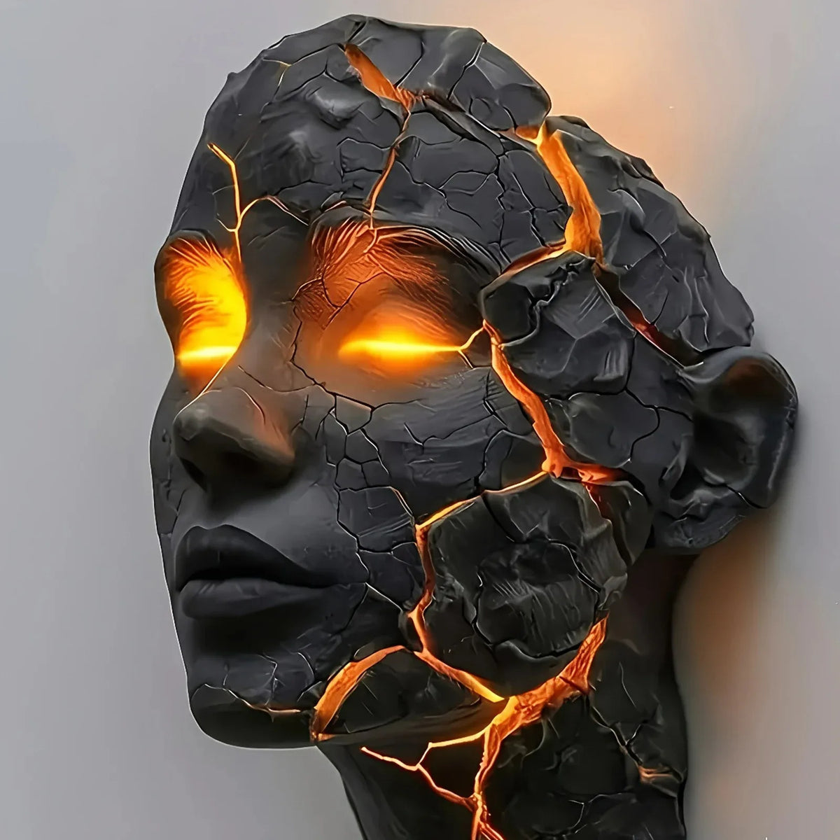 Close-up of black cracked-face resin wall lamp with glowing orange fissure lines