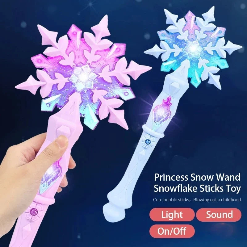 Pink and purple snowflake light sound wand with glowing star flower and white handle