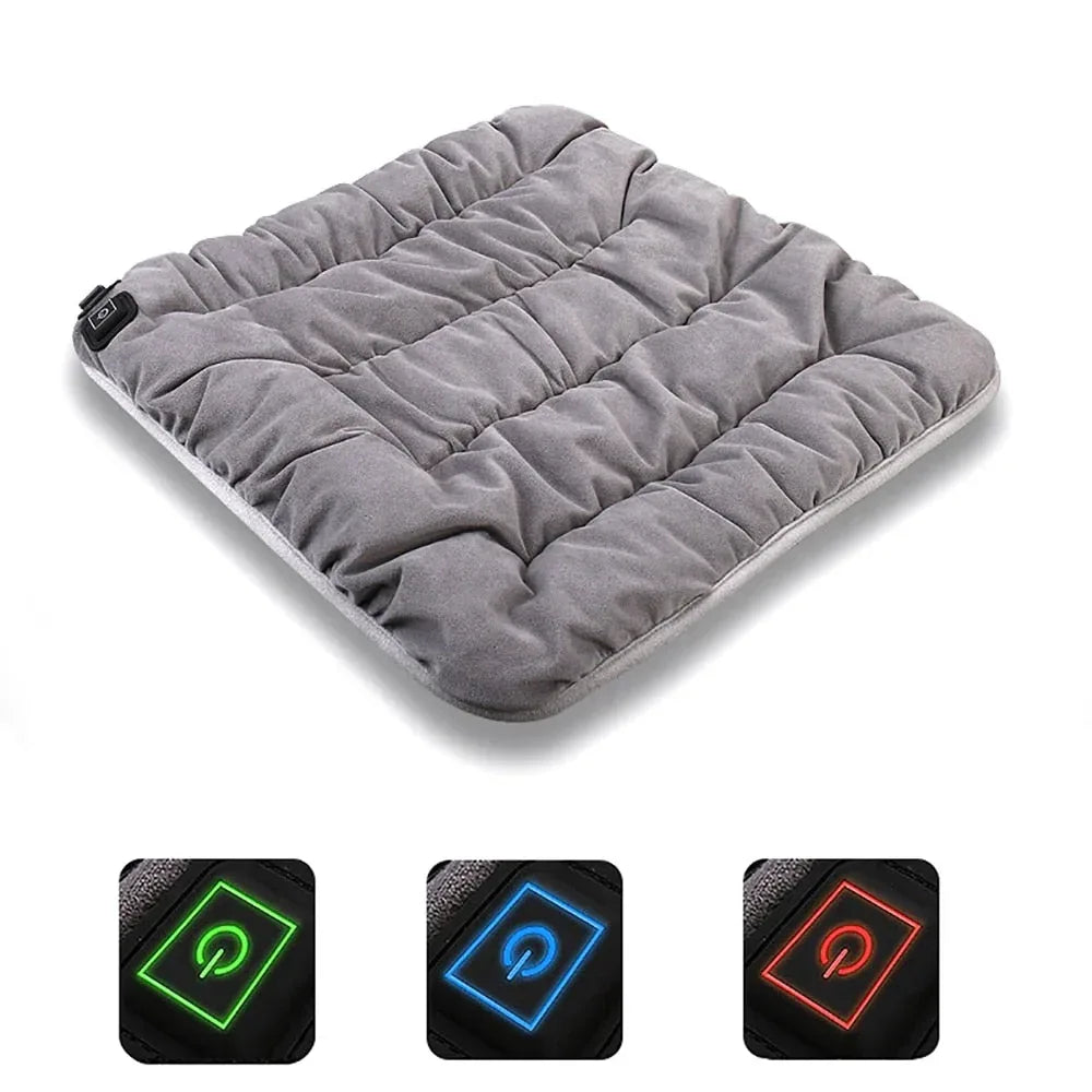 Adjustable electric heating pad cushion for pets, gray quilted fabric with snap controller patch.