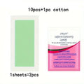 10pcs cold wax strips with 1 cotton wax-removing wipe; green strip and pink wipe.