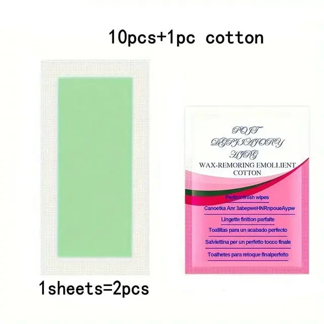 10pcs cold wax strips with 1 cotton wax-removing wipe; green strip and pink wipe.