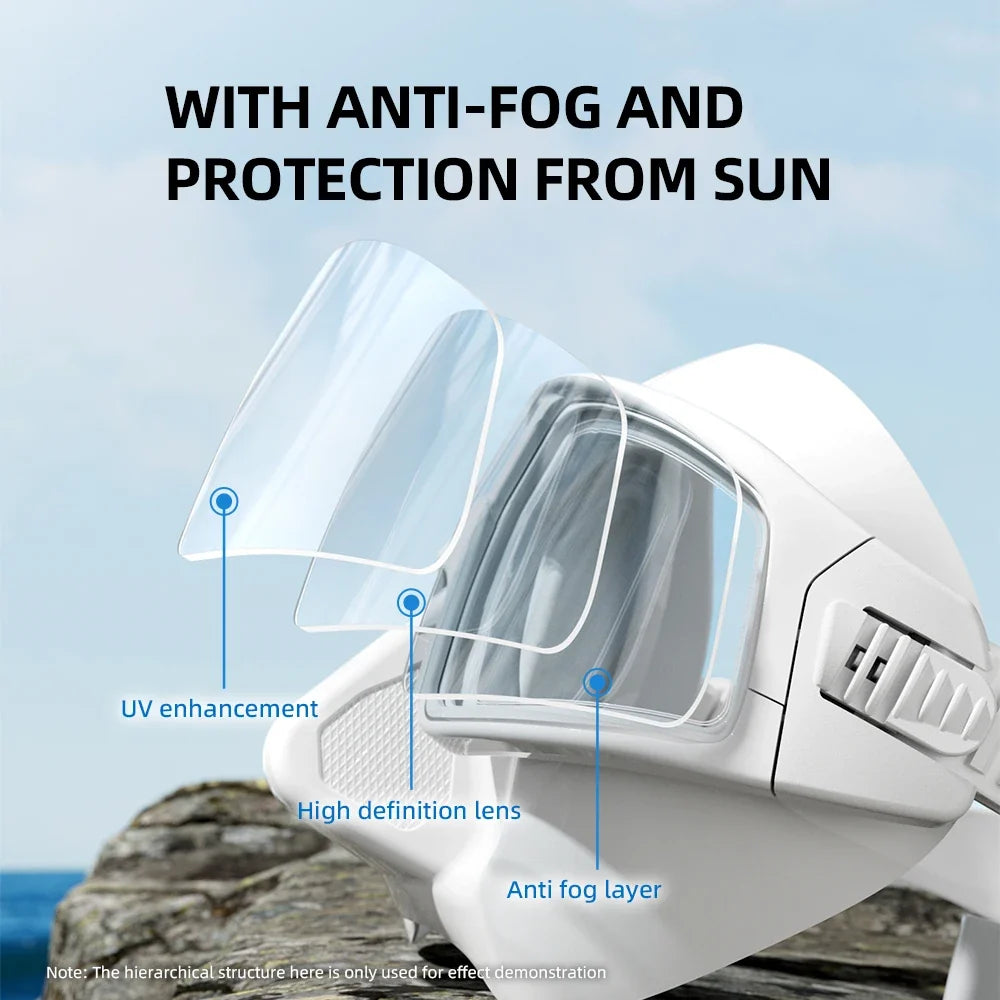 White scuba diving mask goggles with large clear tempered lens and anti-fog cover.