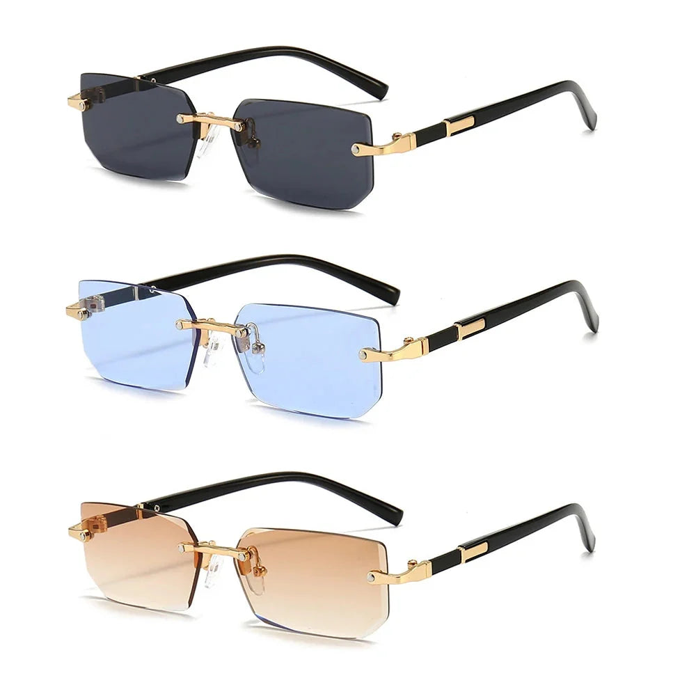 Three rimless square sunglasses set: dark blue, light blue, and tan lenses with black arms.