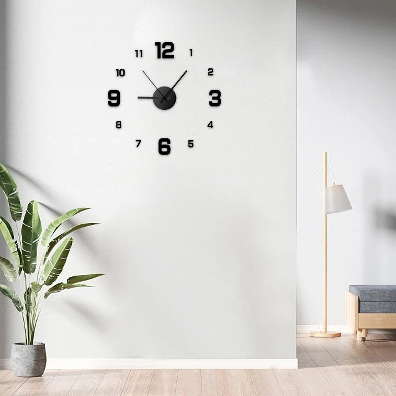 Frameless wall clock decal with black numbers and black circular clock face