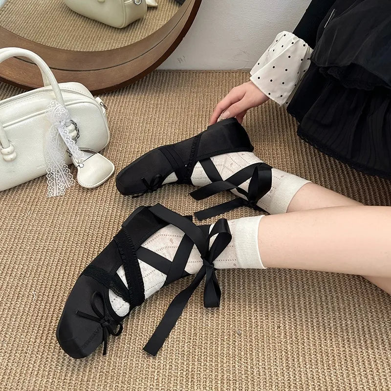Women’s satin ballet flats in black with ribbon lace-up, square toe, non-slip sole