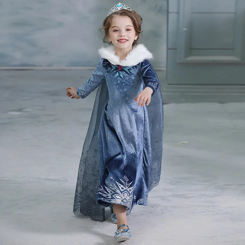 Girls long-sleeve blue princess dress with white fur collar, worn front view on child