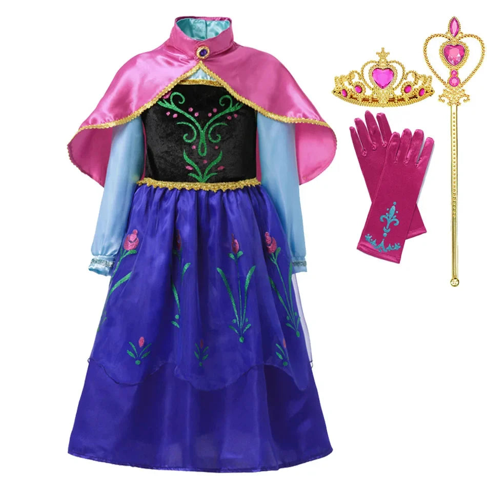 Kids princess cosplay dress with pink high collar cape and dark blue skirt