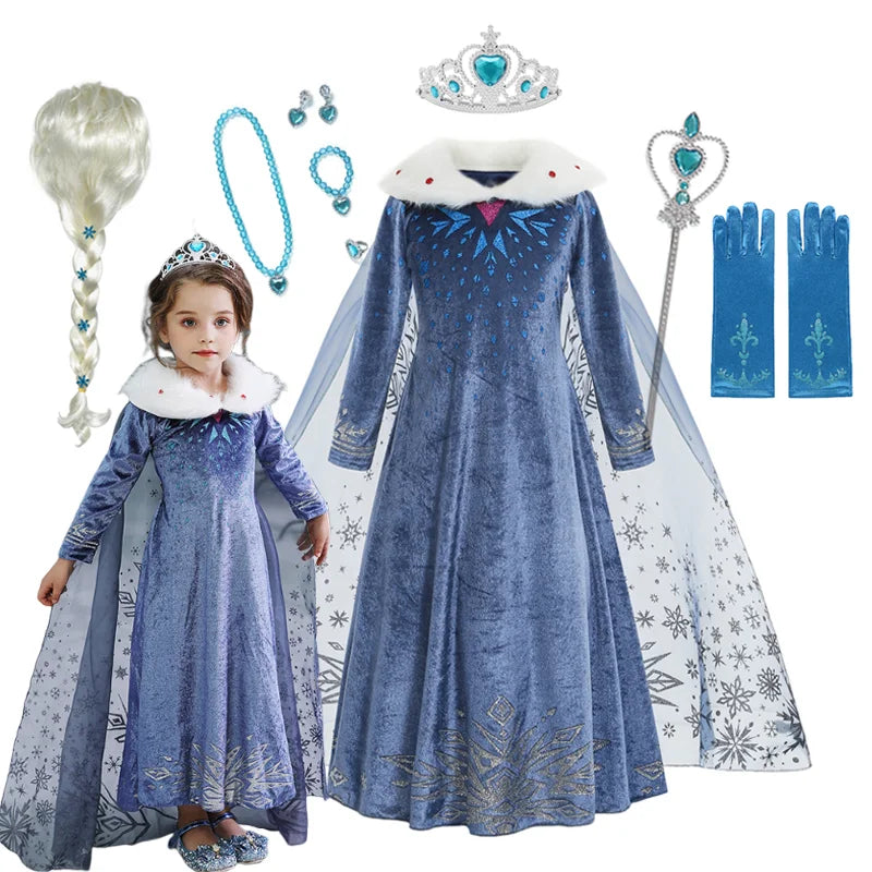 Girls blue princess snowflake dress with white fur collar and long sleeves