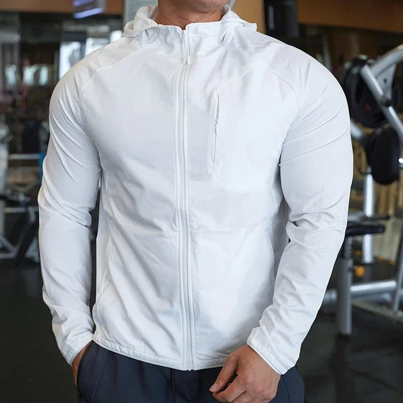 Men's nylon workout hoodie in white, full-zip front with hood, long sleeves, chest pocket