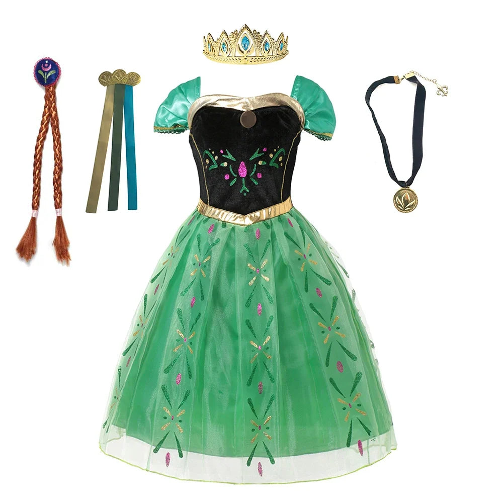 Green tulle kids princess dress with black bodice, gold waist trim, and short puff sleeves.