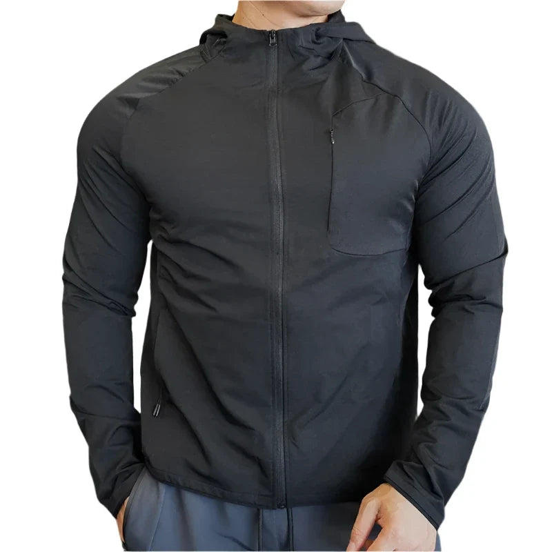 Men's nylon workout hoodie, dark color, full-zip front, adjustable hood, front pocket