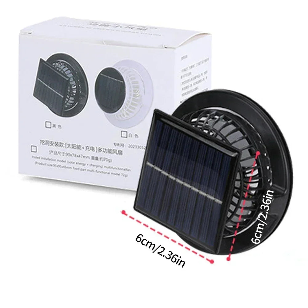 Portable solar fan unit with foldable solar panel and black fan motor inside box