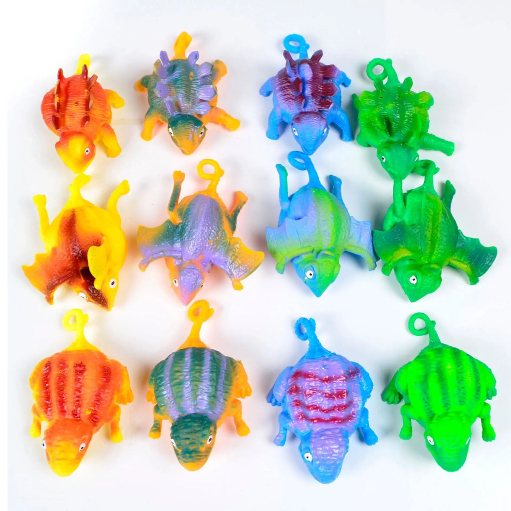 Inflatable dinosaur squeeze vent balls in bright assorted colors.