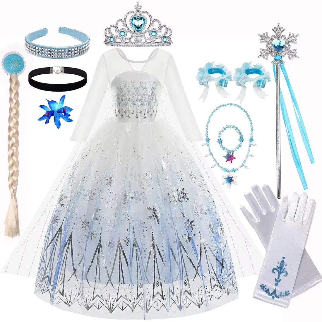 Girls white sheer-sleeve lace dress with blue ombre glitter tulle skirt