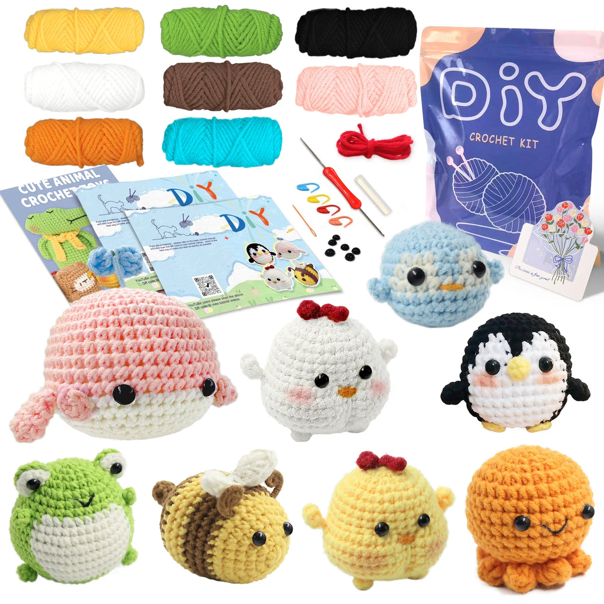 Beginner crochet animal kit with yarn balls, tools, and crocheted plush characters