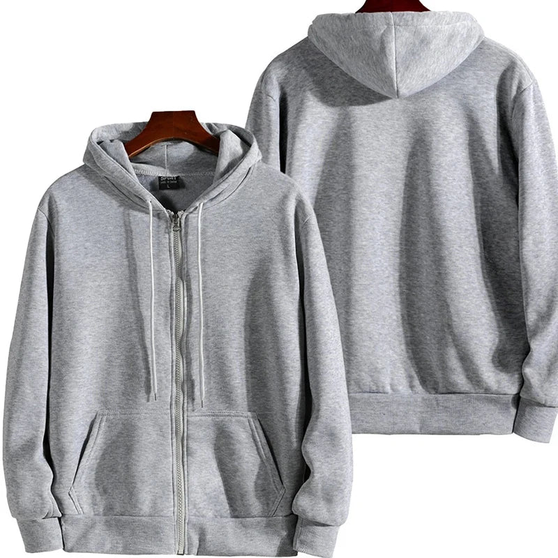 Mens grey zip-up hoodie with hood, drawstrings, long sleeves, front pockets