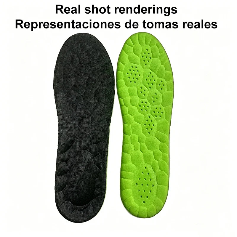 Black and green sports insoles with perforated cushioning and hex texture underside